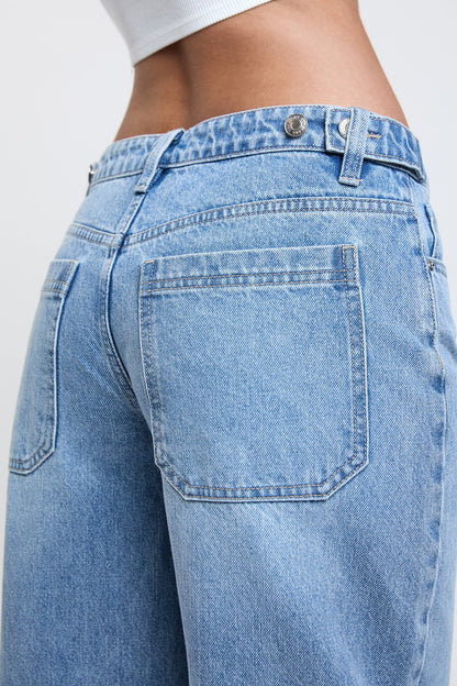 Ymi Women's Moto Relaxed Rise Baggy Barrel Jeans with Seam Detail in T Tinted Blue view 11 - Relaxed Fit - Ymi Womens Pants