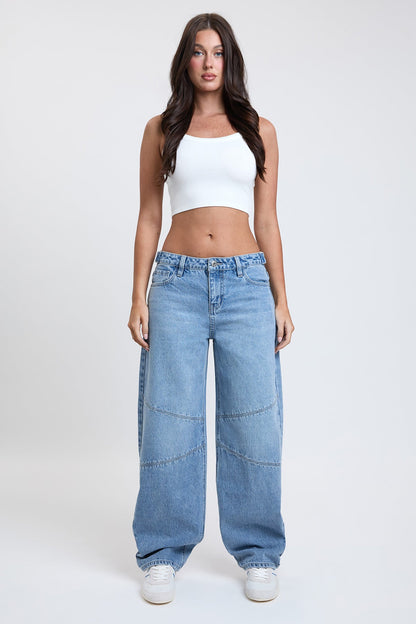 Ymi Women's Moto Relaxed Rise Baggy Barrel Jeans with Seam Detail in L Light Blue view 5 - Relaxed Fit - Ymi Womens Pants