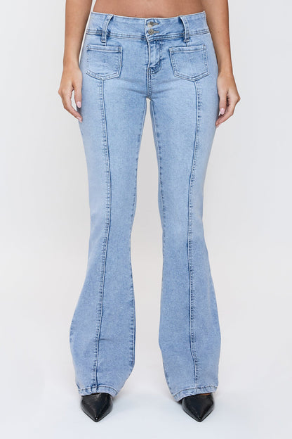 Ymi Women's Patch Pocket Flare Jeans in Q Celeste Blue Rips view 2 - Ymi Womens Pants (bottom)