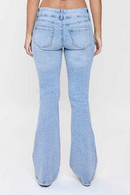 Ymi Women's Patch Pocket Flare Jeans in Q Celeste Blue Rips view 4 - Ymi Womens Pants (bottom)