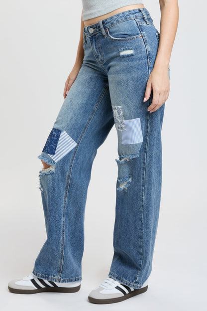 Ymi Women's Patchwork Wide Leg Jeans in Y Washed Blue view 4 - Casual Office Outfit - Ymi Womens Pants (bottom)