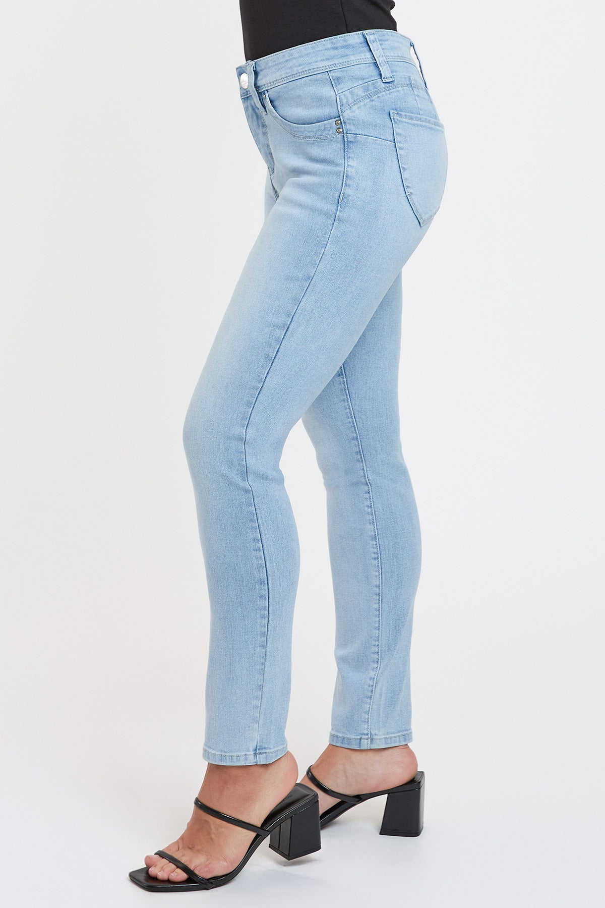 Ymi Women's Petite Curve Confidence Mid Rise Skinny in Q Celeste Blue Rips view 5 (bottom)