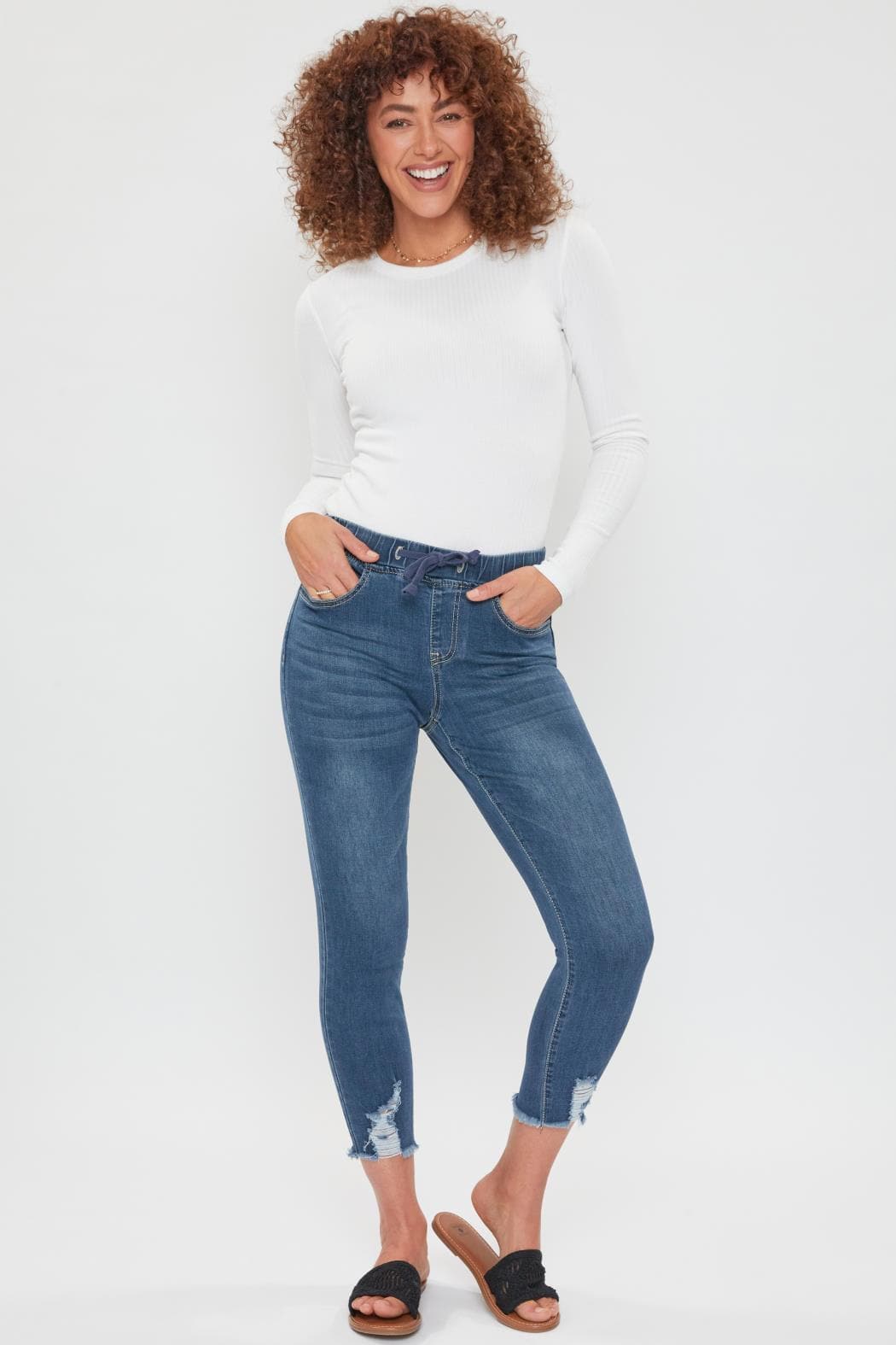 Ymi Women's Petite High Rise Denim Ankle Jogger in T Tinted Blue Rips - High-Waisted - Womens Petite 100 Cotton Pajamas