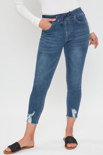 Ymi Women's Petite High Rise Denim Ankle Jogger in T Tinted Blue Rips view 2 - High-Waisted (top)