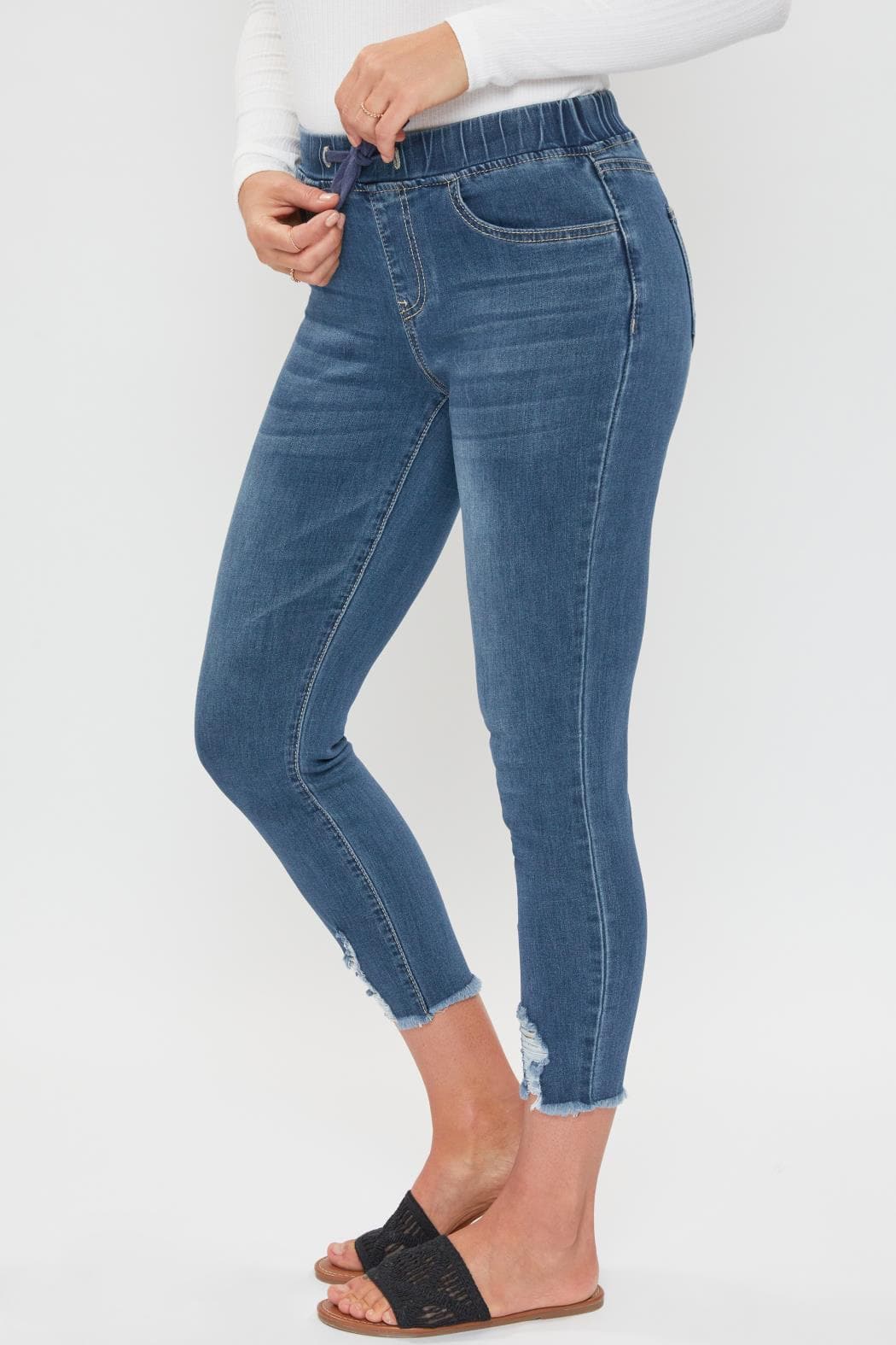 Ymi Women's Petite High Rise Denim Ankle Jogger in T Tinted Blue Rips view 3 - High-Waisted (top)