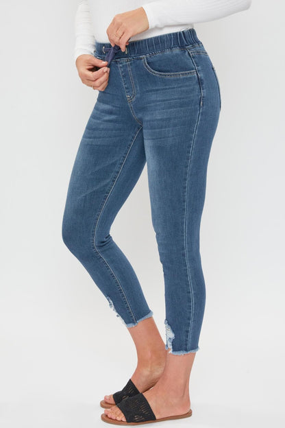 Ymi Women's Petite High Rise Denim Ankle Jogger in T Tinted Blue Rips view 3 - High-Waisted (top)