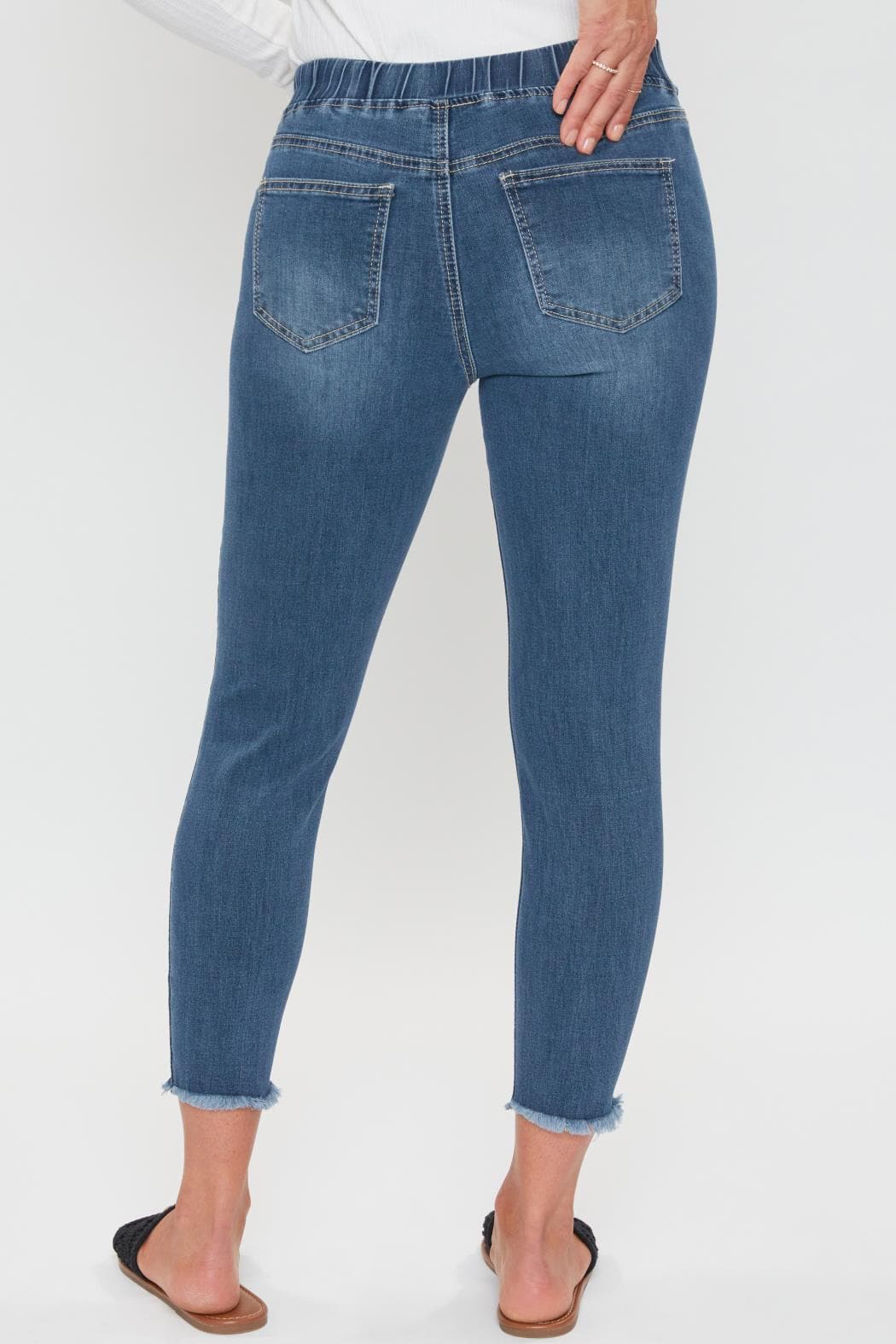 Ymi Women's Petite High Rise Denim Ankle Jogger in T Tinted Blue Rips view 4 - High-Waisted (top)