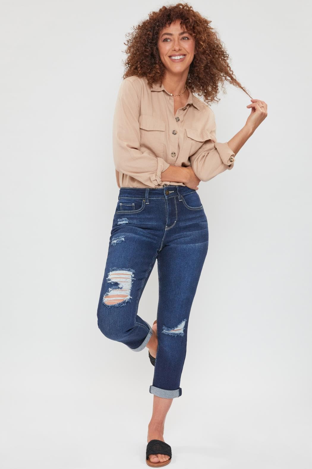 Ymi Women's Petite High Rise Vintage Slim Straight Cuff Jean in S Midnight Sky Blue Rips - High-Waisted - Womens Petite Jeans