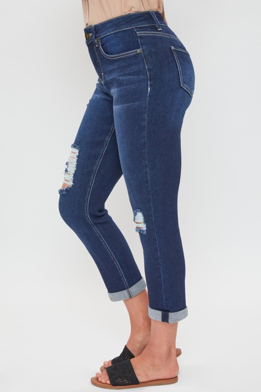 Ymi Women's Petite High Rise Vintage Slim Straight Cuff Jean in S Midnight Sky Blue Rips view 2 - High-Waisted (bottom)