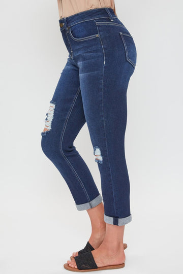 Ymi Women's Petite High Rise Vintage Slim Straight Cuff Jean in S Midnight Sky Blue Rips view 2 - High-Waisted (bottom)