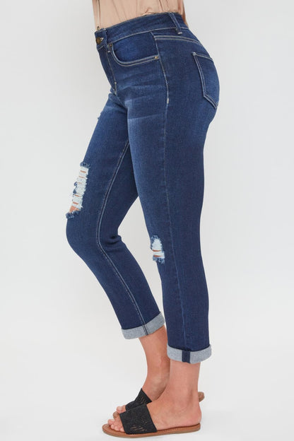Ymi Women's Petite High Rise Vintage Slim Straight Cuff Jean in S Midnight Sky Blue Rips view 2 - High-Waisted (bottom)