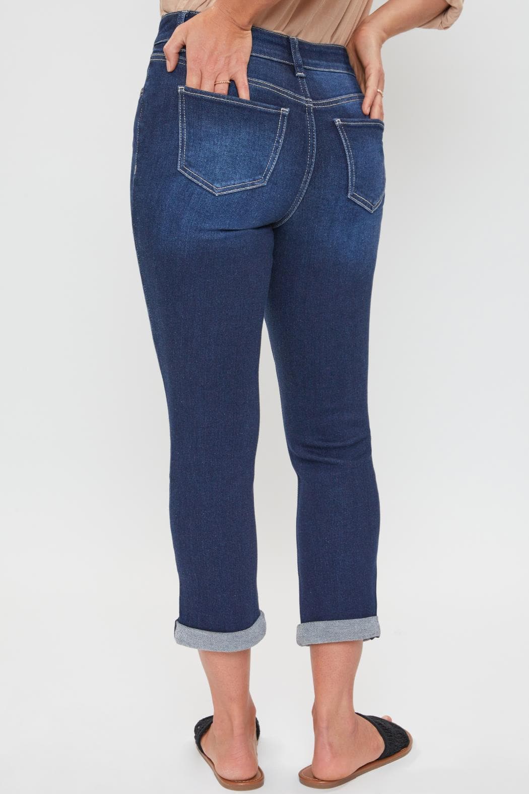 Ymi Women's Petite High Rise Vintage Slim Straight Cuff Jean in S Midnight Sky Blue Rips view 3 - High-Waisted (bottom)