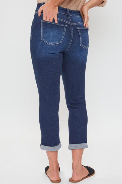Ymi Women's Petite High Rise Vintage Slim Straight Cuff Jean in S Midnight Sky Blue Rips view 3 - High-Waisted (bottom)