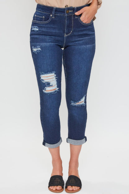 Ymi Women's Petite High Rise Vintage Slim Straight Cuff Jean in S Midnight Sky Blue Rips view 4 - High-Waisted (bottom)