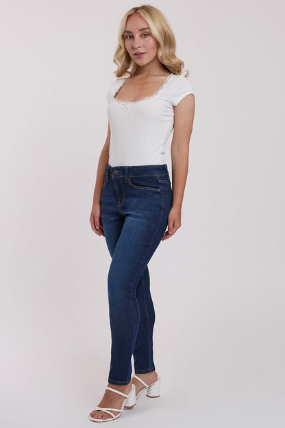 Ymi Women's Petite Sustainable High Rise Skinny Jeans in S Midnight Sky Blue view 13 - High-Waisted (bottom)