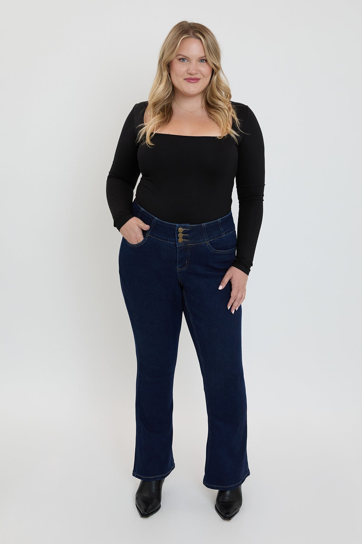 Ymi Women's plus 3-button Premium Stretch Bootcut Jeans in S Midnight Sky Blue - Comfort Stretch - Ymi Womens Pants