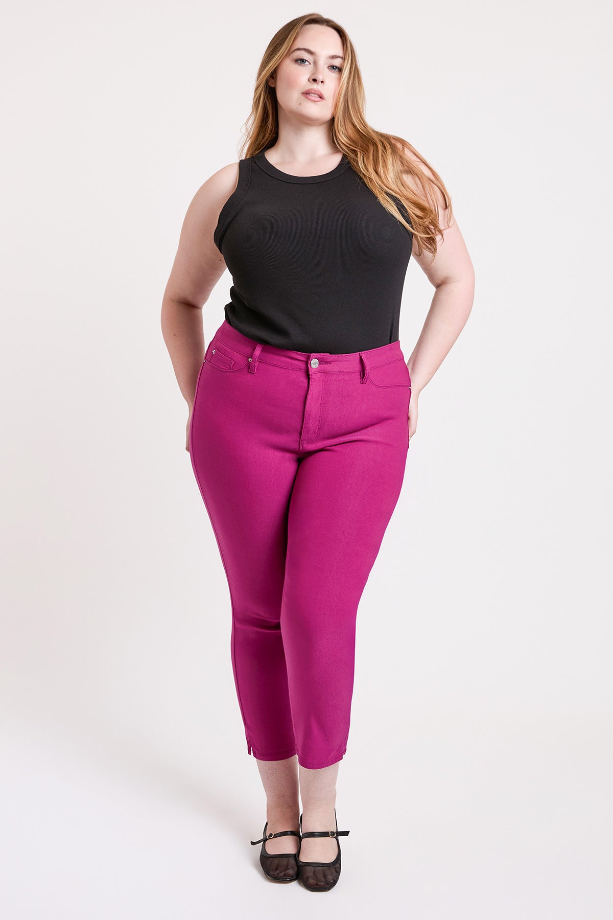 Ymi Women's plus High Rise Hyperstretch Cropped Straight Pants in Berry Rose - High-Waisted - Ymi Womens Jeans (bottom)