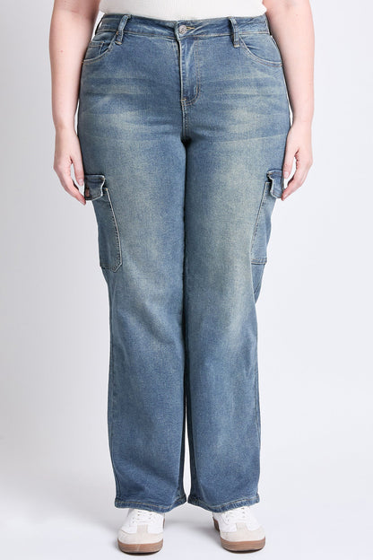 Ymi Women's plus High Rise Wide Leg Skater Cargo Jeans in RT Tinted Olympic Blue view 2 - High-Waisted - Ymi Womens Pants
