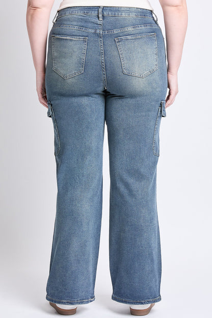 Ymi Women's plus High Rise Wide Leg Skater Cargo Jeans in RT Tinted Olympic Blue view 4 - High-Waisted - Ymi Womens Pants