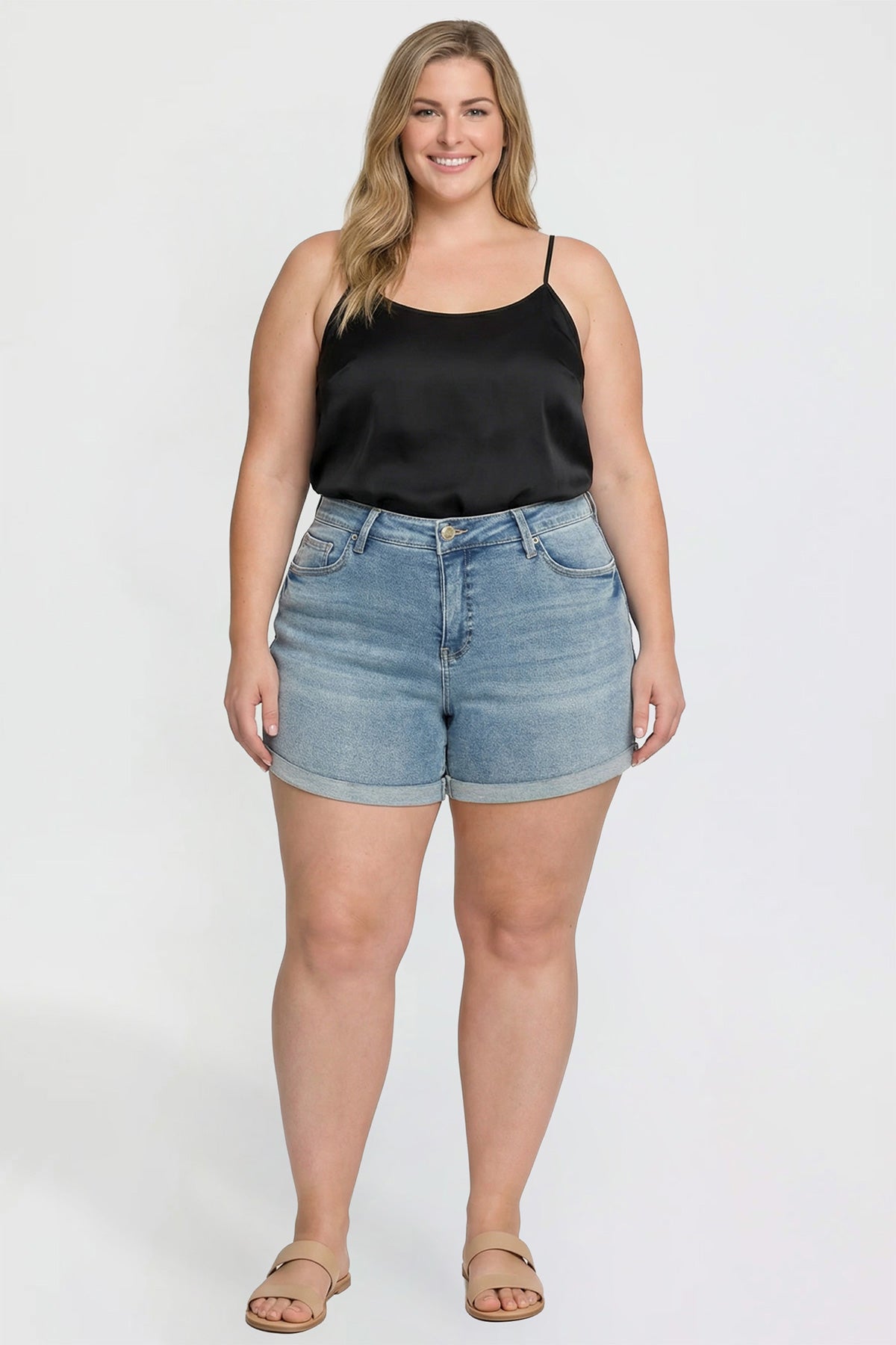 Ymi Women's plus Premium Stretch Fold-over Cuff Shorts in T Tinted Blue - Comfort Stretch - Womens Plus Shorts With Pockets