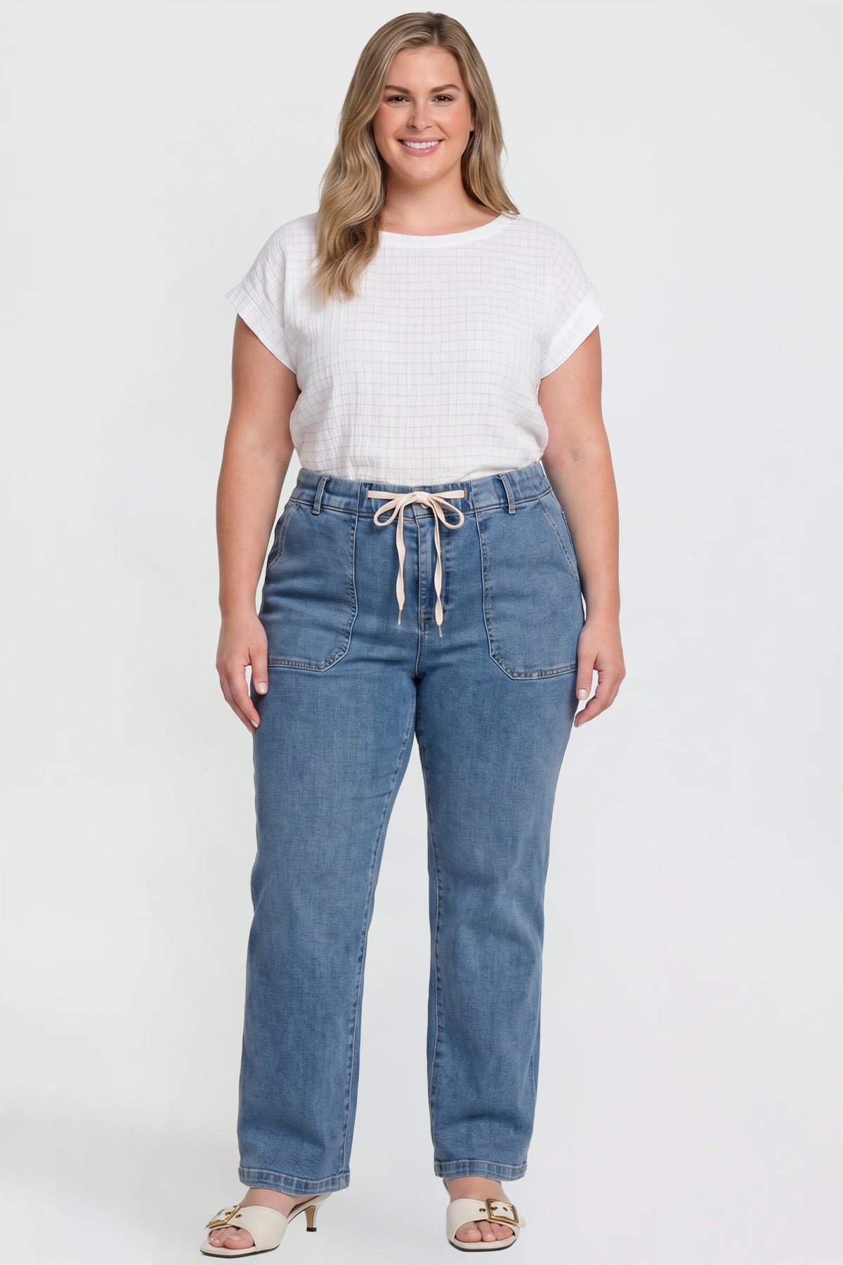 Ymi Women's Tie Front Wide Leg Jeans in M Medium Blue - Tie Front Jeans (bottom)