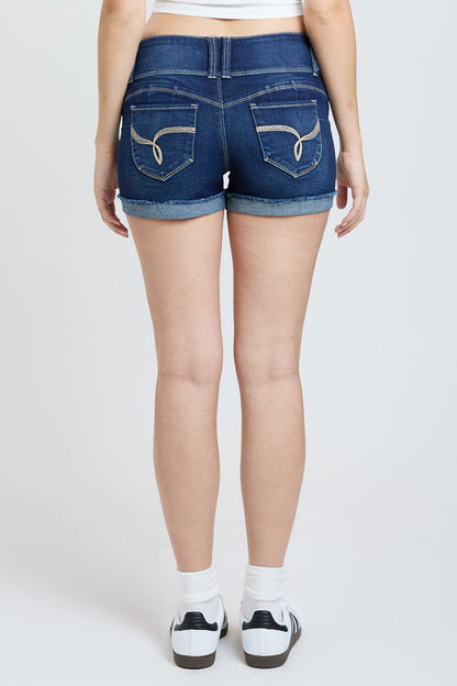 Ymi Women’s Wannabettabutt 3 Button Cuffed Denim Shorts in S Midnight Sky Blue Rips view 20 - Women'S Ymi Jean Shorts