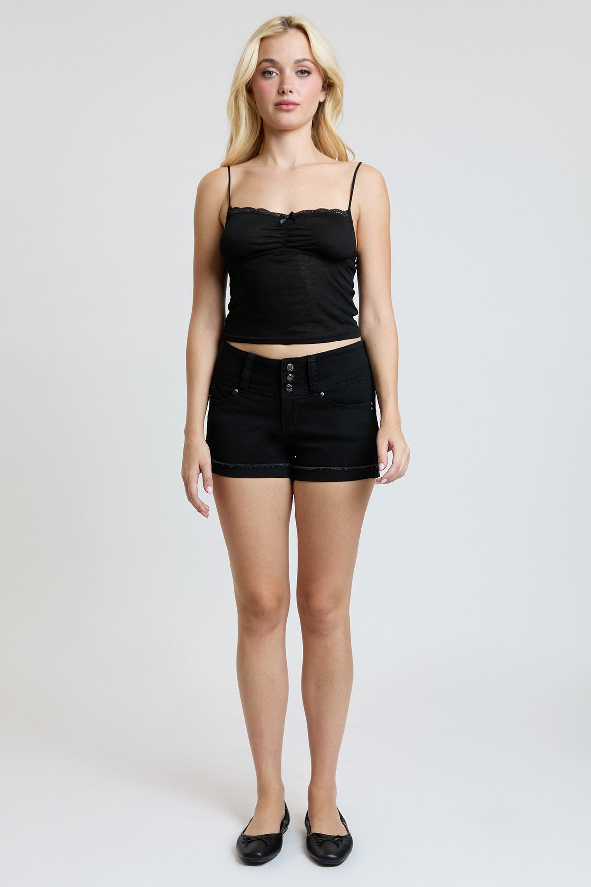 Ymi Women’s Wannabettabutt 3 Button Cuffed Denim Shorts in W Black view 27 - Women'S Ymi Jean Shorts (bottom)