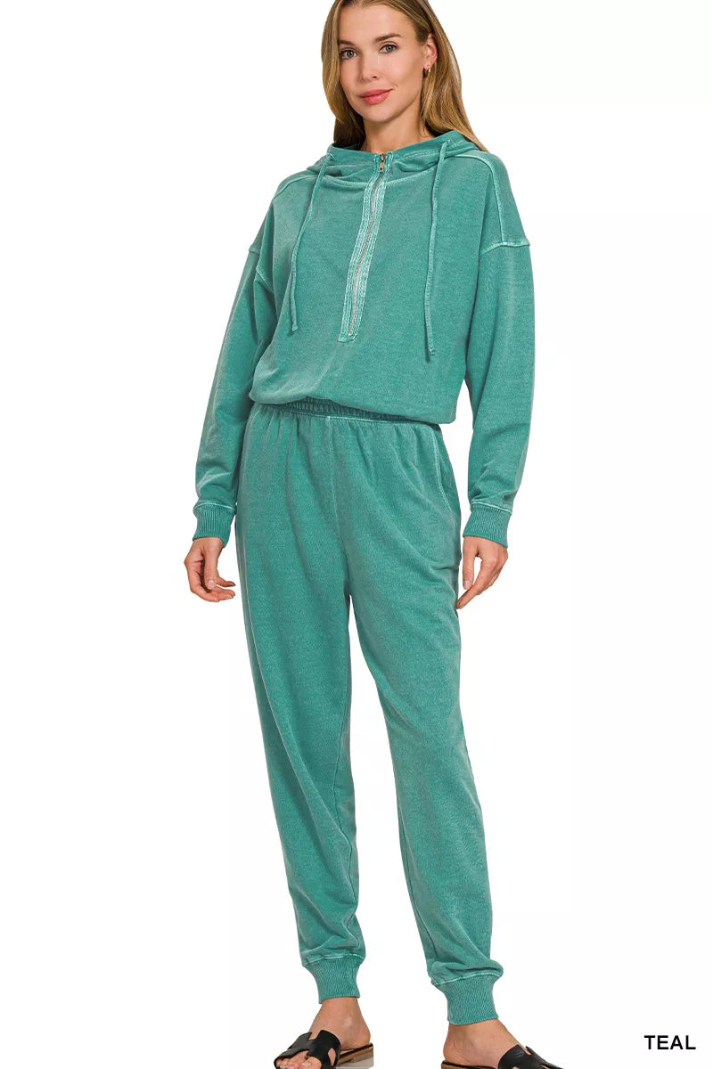 zenana enzyme washed Zenana Enzyme Washed French Terry Jumpsuit TEAL (one-piece) - shop at us.meeeshop