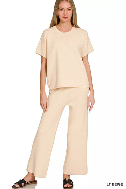 zenana viscose round Zenana Viscose Round Neck Top & Pants Set LT BEIGE (top) - shop at us.meeeshop