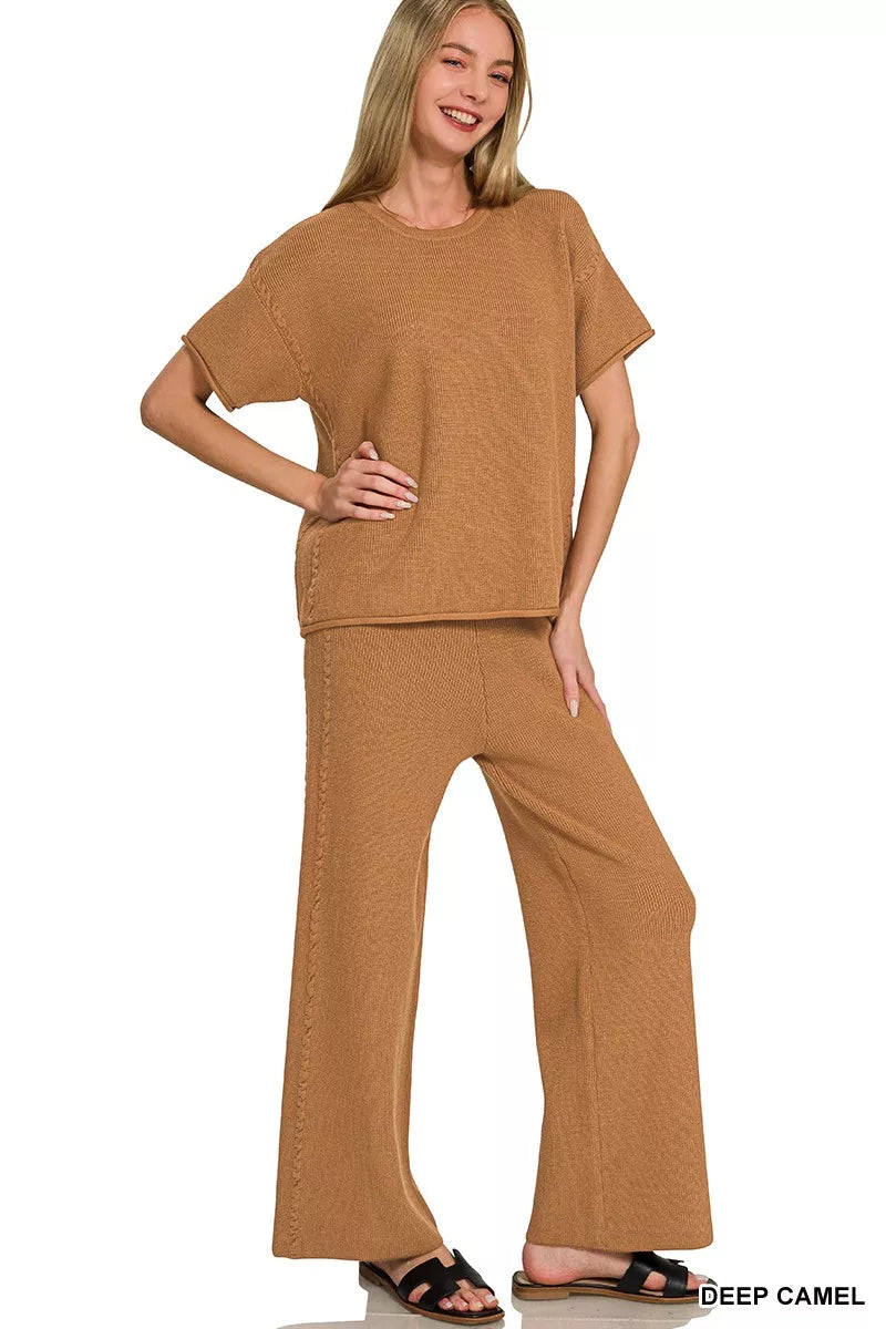 zenana viscose round Zenana Viscose Round Neck Top & Pants Set view 3 (top) - shop at us.meeeshop