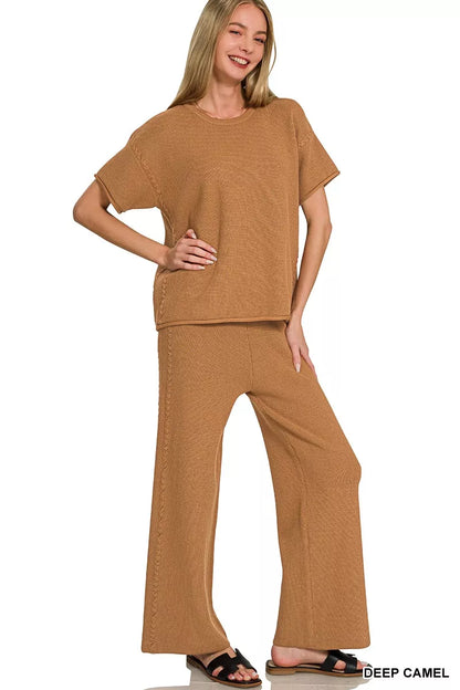 zenana viscose round Zenana Viscose Round Neck Top & Pants Set view 3 (top) - shop at us.meeeshop