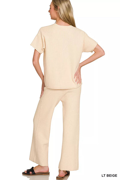zenana viscose round Zenana Viscose Round Neck Top & Pants Set view 3 (top) - shop at us.meeeshop