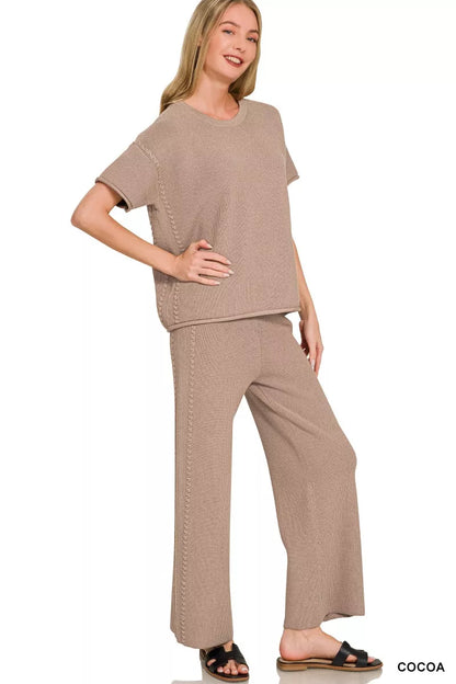 zenana viscose round Zenana Viscose Round Neck Top & Pants Set view 3 (top) - shop at us.meeeshop