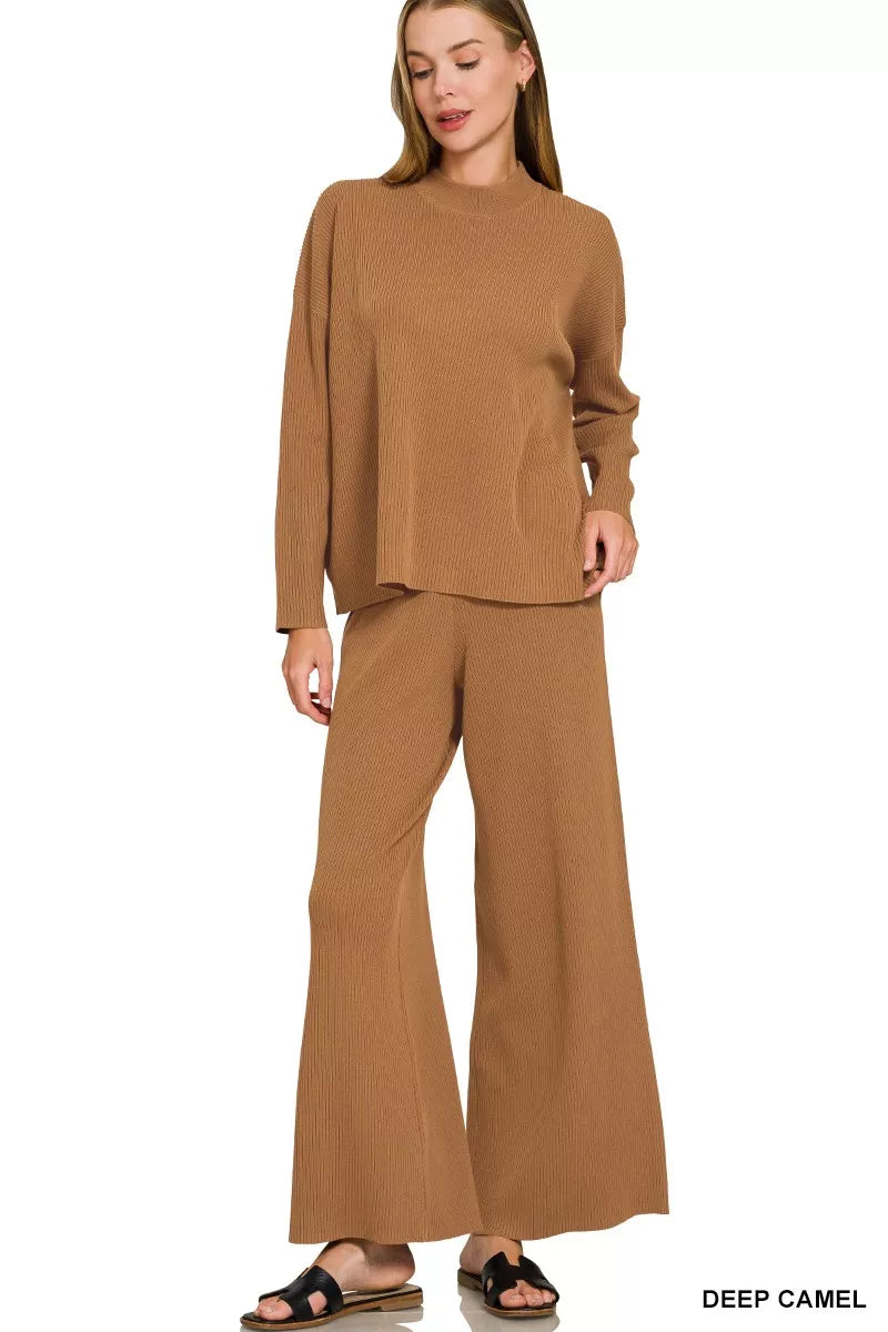 Zenana Viscose Sweater Top & Pants Set DEEP CAMEL view 3 (top) - is viscose breathable for pyjamas, is  - shop at us.meeeshop