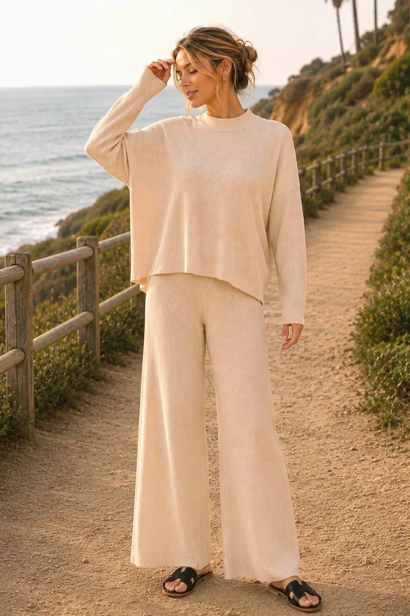 Zenana Viscose Sweater Top & Pants Set LT BEIGE (top) - is viscose breathable for pyjamas, is viscose c - shop at us.meeeshop