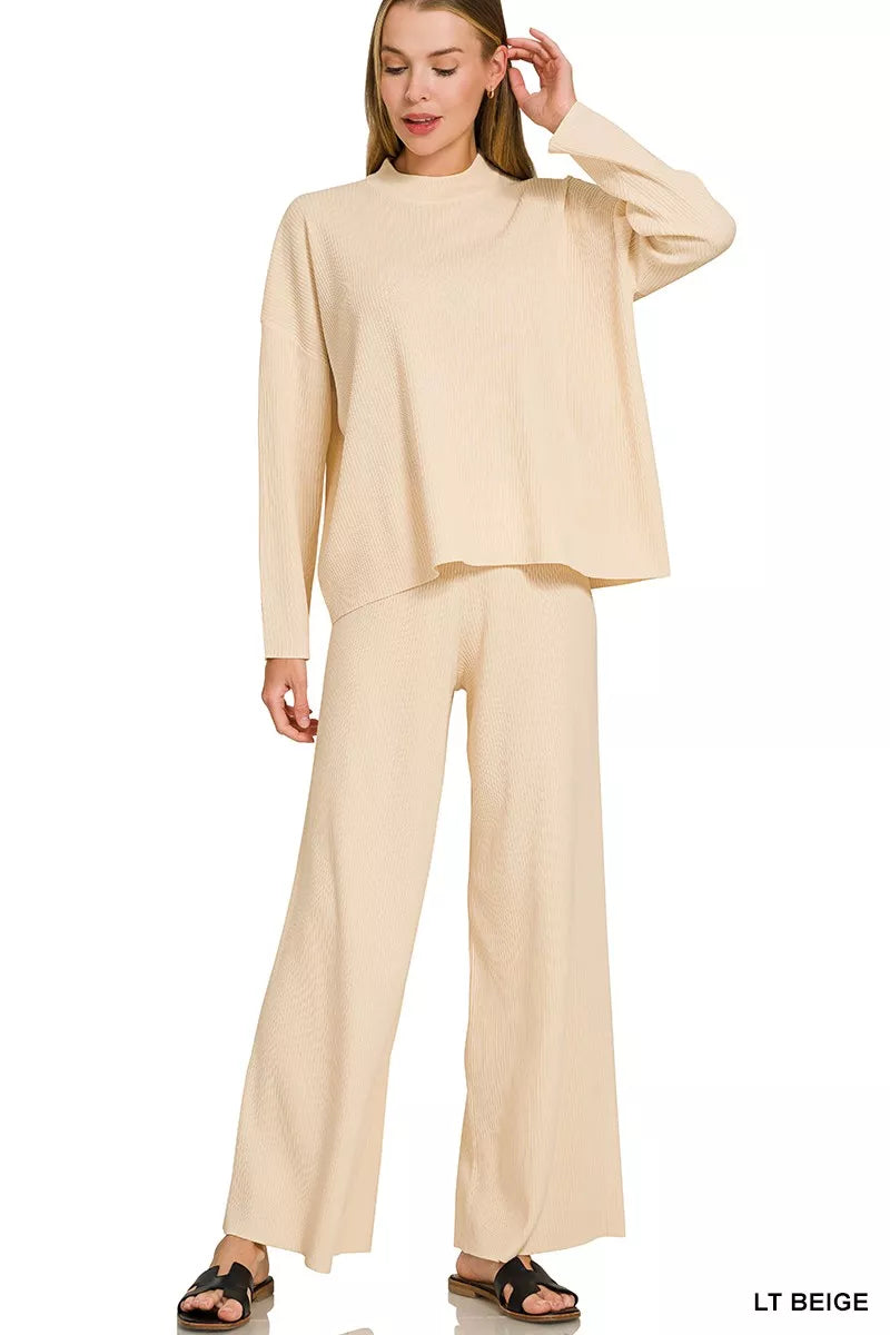 Zenana Viscose Sweater Top & Pants Set LT BEIGE view 2 (top) - is viscose breathable for pyjamas, is vi - shop at us.meeeshop