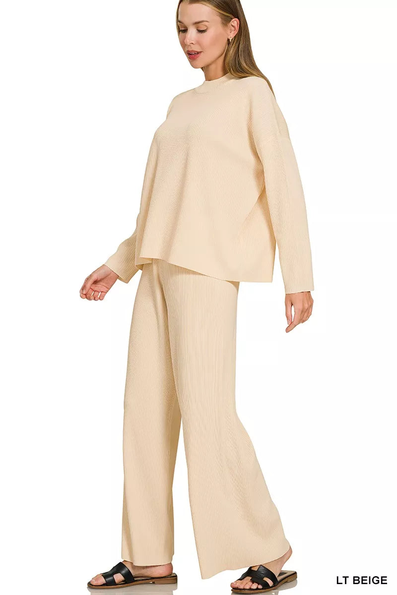 Zenana Viscose Sweater Top & Pants Set LT BEIGE view 3 (top) - is viscose breathable for pyjamas, is vi - shop at us.meeeshop
