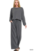Zenana Washed F/terry Round Neck Pullover & Pants Set BLACK (bottom) - set pullover, pants set pullover - shop at us.meeeshop