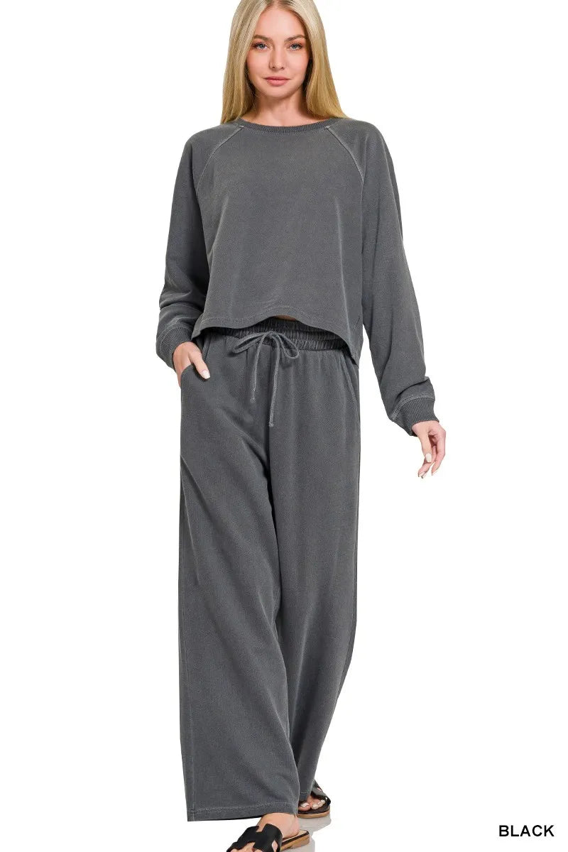 Zenana Washed F/terry Round Neck Pullover & Pants Set BLACK (bottom) - set pullover, pants set pullover - shop at us.meeeshop