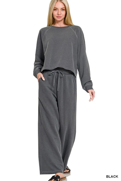 zenana washed terry Zenana Washed F/terry Round Neck Pullover & Pants Set BLACK (bottom) - shop at us.meeeshop