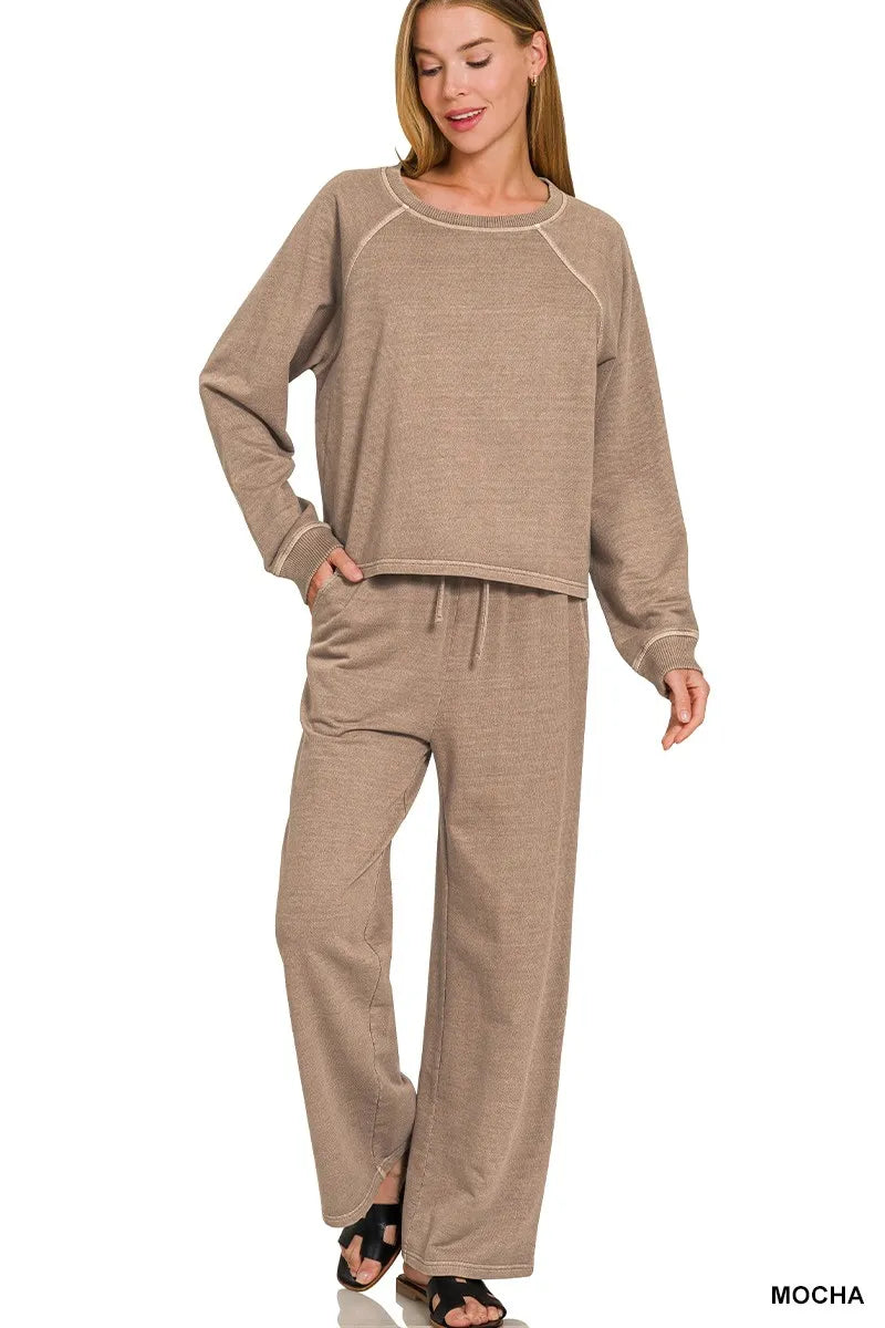 Zenana Washed F/terry Round Neck Pullover & Pants Set MOCHA (bottom) - set pullover, pants set pullover - shop at us.meeeshop