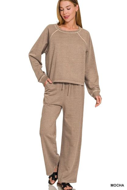 zenana washed terry Zenana Washed F/terry Round Neck Pullover & Pants Set MOCHA (bottom) - shop at us.meeeshop