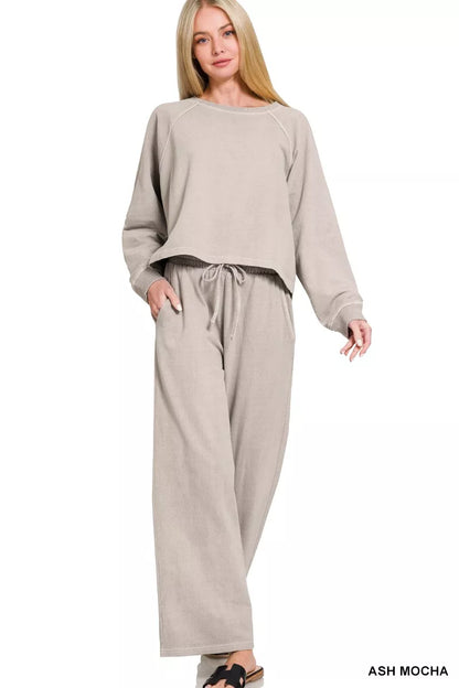 zenana washed terry Zenana Washed F/terry Round Neck Pullover & Pants Set ASH MOCHA (bottom) - shop at us.meeeshop