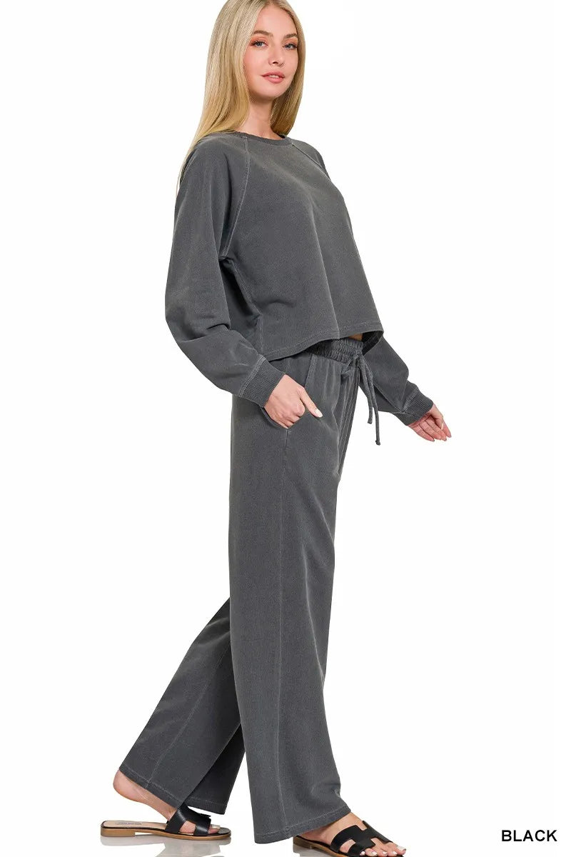 Zenana Washed F/terry Round Neck Pullover & Pants Set BLACK view 2 (bottom) - set pullover, pants set p - shop at us.meeeshop