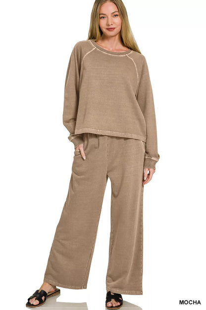 zenana washed terry Zenana Washed F/terry Round Neck Pullover & Pants Set view 2 (bottom) - shop at us.meeeshop