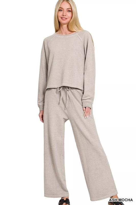 zenana washed terry Zenana Washed F/terry Round Neck Pullover & Pants Set view 2 (bottom) - shop at us.meeeshop