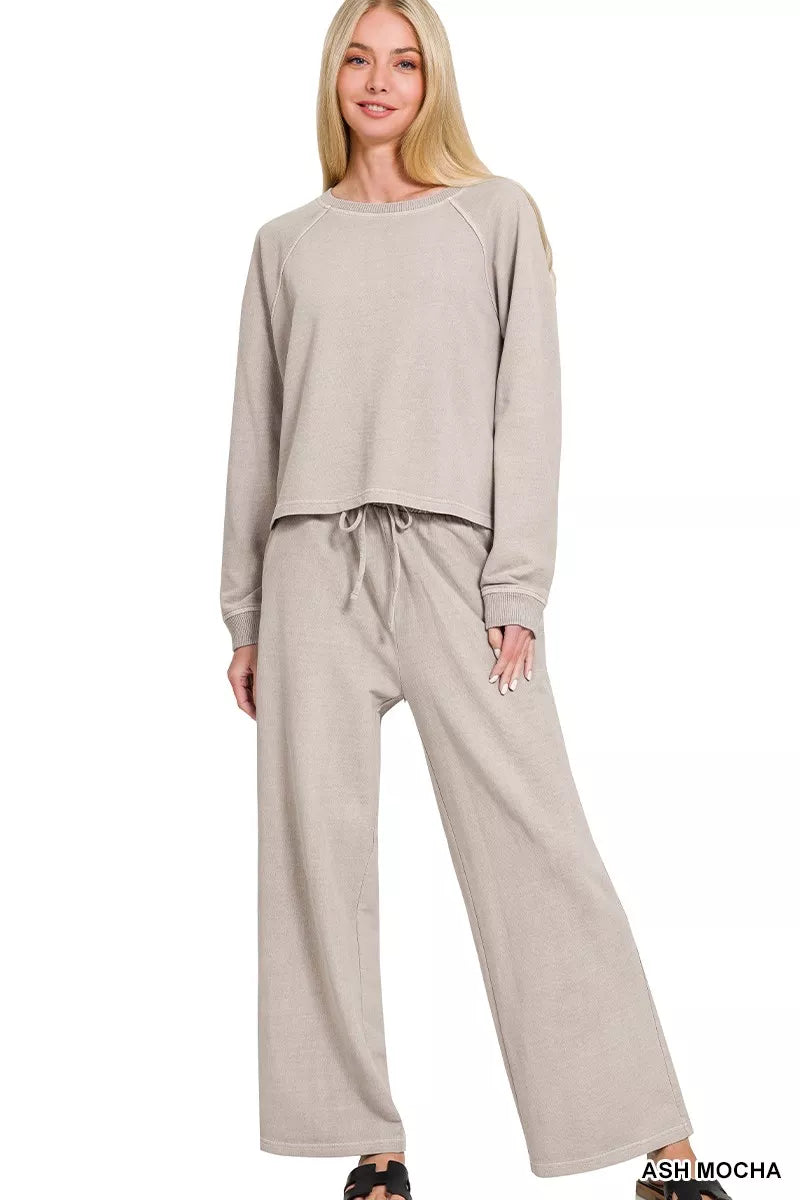 Zenana Washed F/terry Round Neck Pullover & Pants Set ASH MOCHA view 2 (bottom) - set pullover, pants s - shop at us.meeeshop