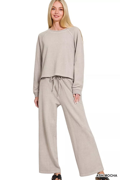 zenana washed terry Zenana Washed F/terry Round Neck Pullover & Pants Set view 2 (bottom) - shop at us.meeeshop