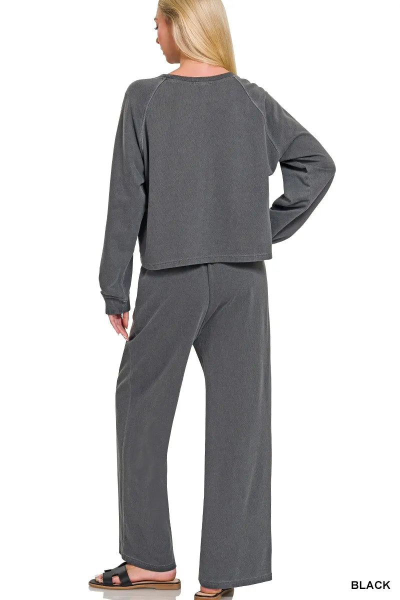 zenana washed terry Zenana Washed F/terry Round Neck Pullover & Pants Set view 3 (bottom) - shop at us.meeeshop