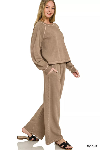 zenana washed terry Zenana Washed F/terry Round Neck Pullover & Pants Set view 3 (bottom) - shop at us.meeeshop